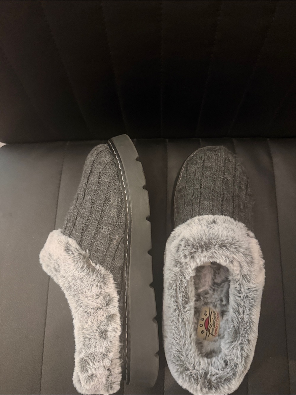 BOBS from Skechers Women's Gray Knit Slip-On Slippers with Faux Fur Trim